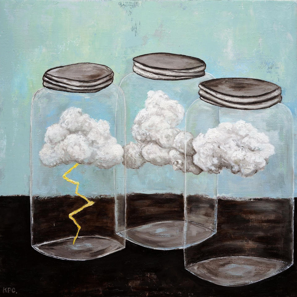 Oil painting of three glass mason jars with dark lids sitting on a dark surface against a muted teal sky, each containing a white billowing cloud, with a jagged yellow lightning bolt striking down inside the left jar.