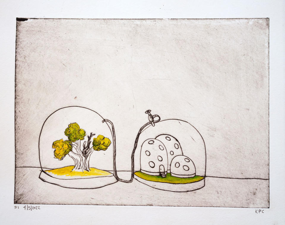 Alternate print of the two connected glass domes, showing subtle variation in the hand-applied yellow and green watercolor on the tree and ground beneath each bell jar.