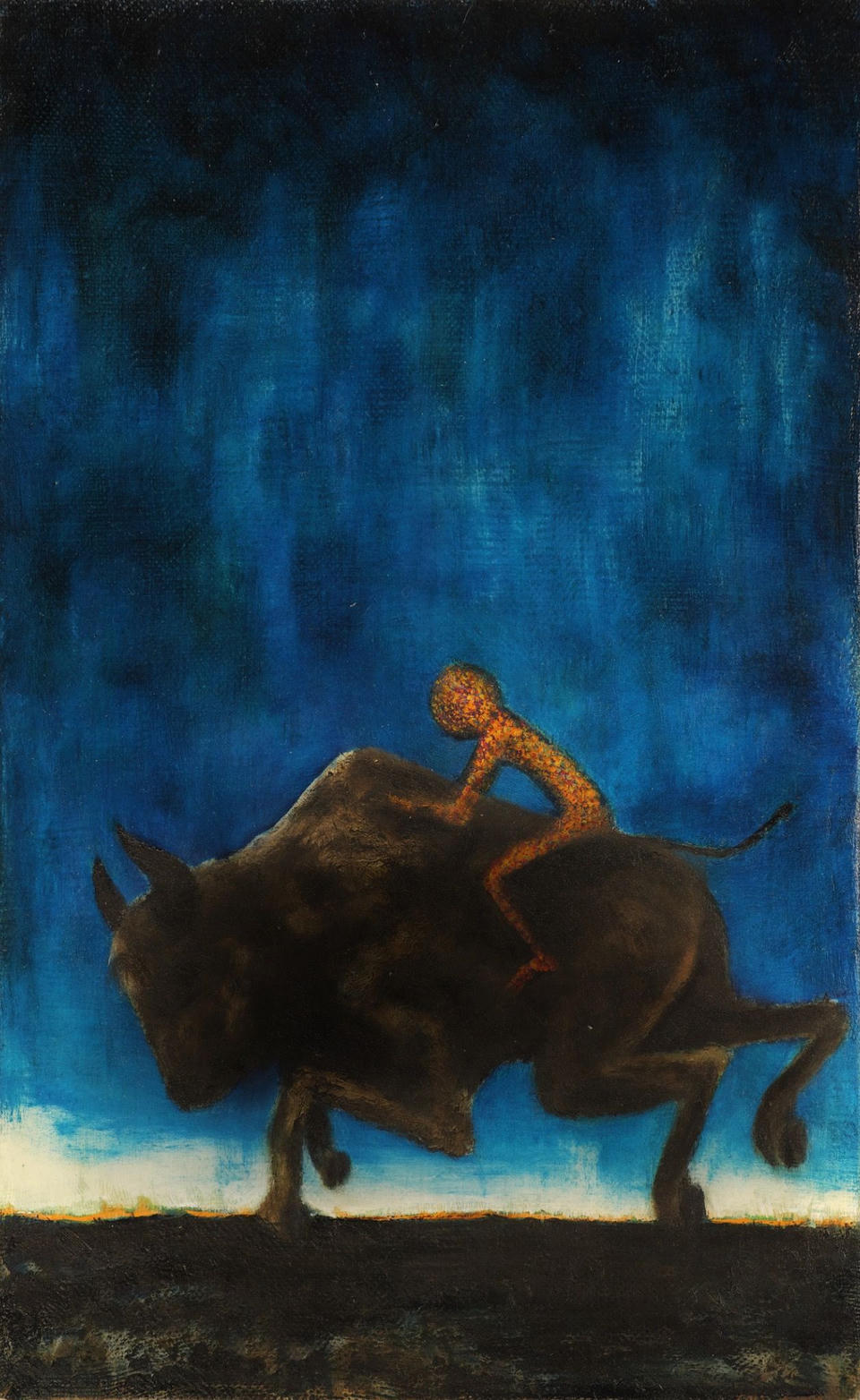 Oil painting of a glowing orange-speckled figure riding atop a dark silhouetted bison against a dramatic deep blue twilight sky, with a thin orange horizon line below.