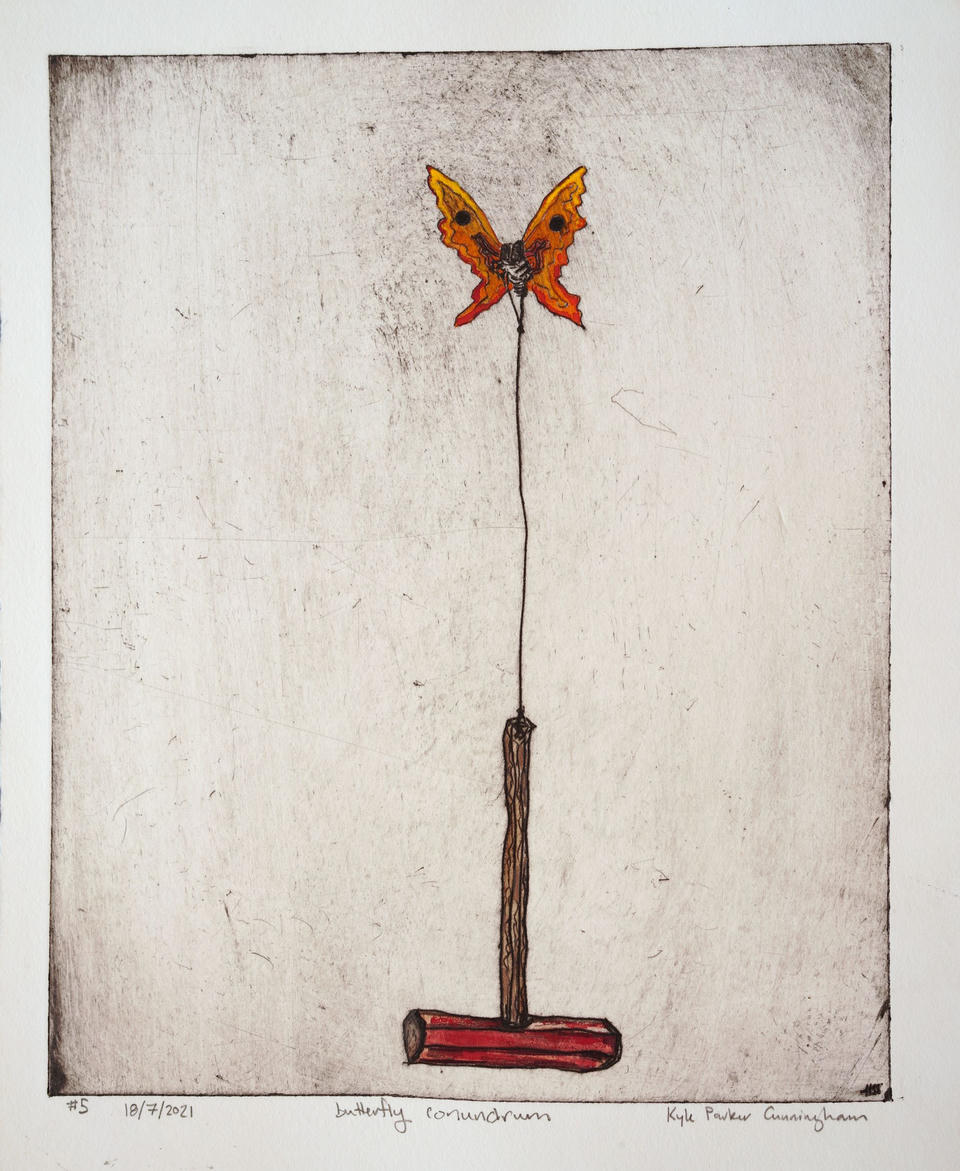Drypoint intaglio print of an orange and yellow butterfly perched atop a red sledgehammer, connected by a thin line, centered on textured cream paper with soft plate tone.