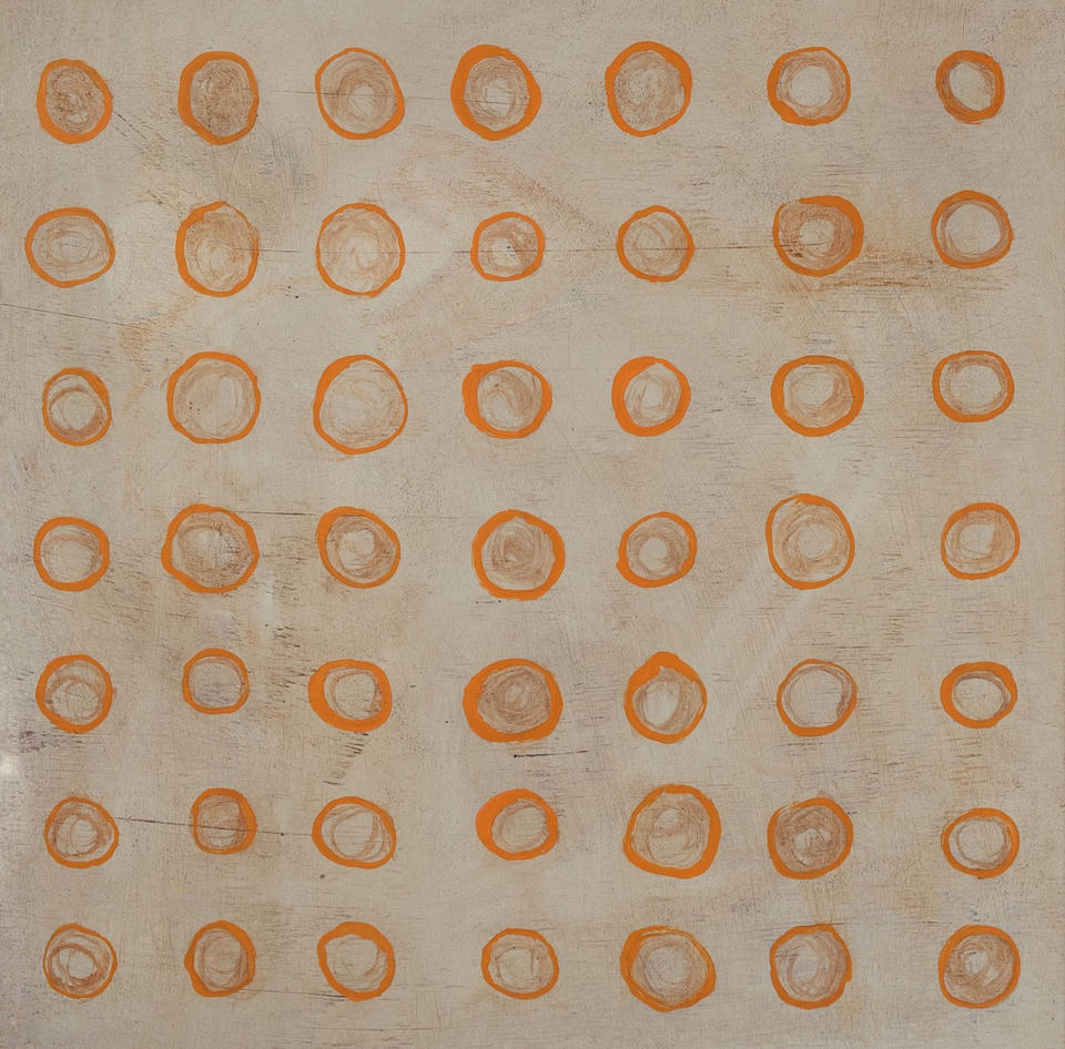 Oil painting on gesso panel of a grid of hand-painted orange circles on a warm cream background, arranged in loose rows with subtle variations in size and brushwork.
