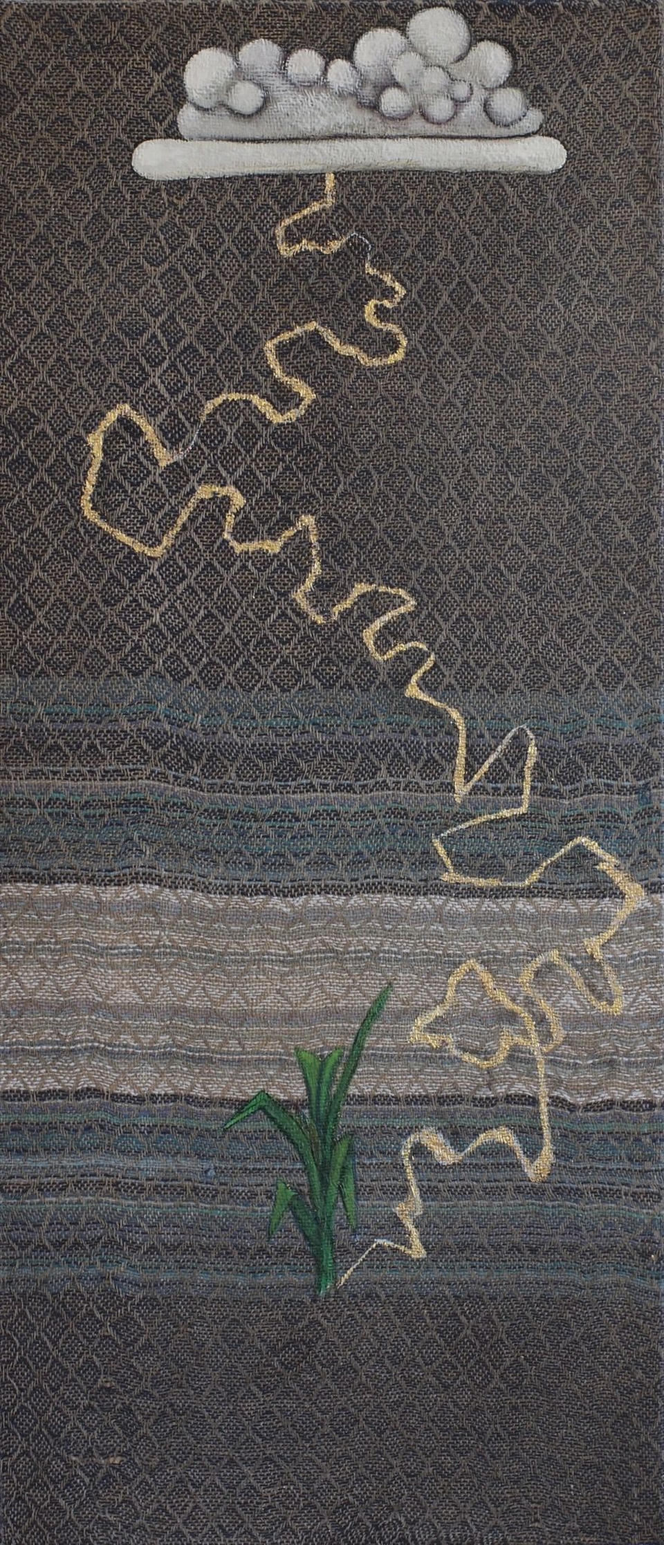 Vertical oil painting on handwoven linen of a gold zigzag lightning bolt descending from a cluster of white spheres atop a shelf, striking down toward a small green corn sprout against the dark woven textile ground.