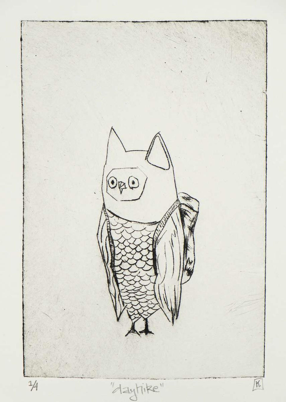 Drypoint intaglio print of a whimsical owl with scalloped feathers wearing a backpack, standing upright as if ready for a hike, in black ink on cream paper.