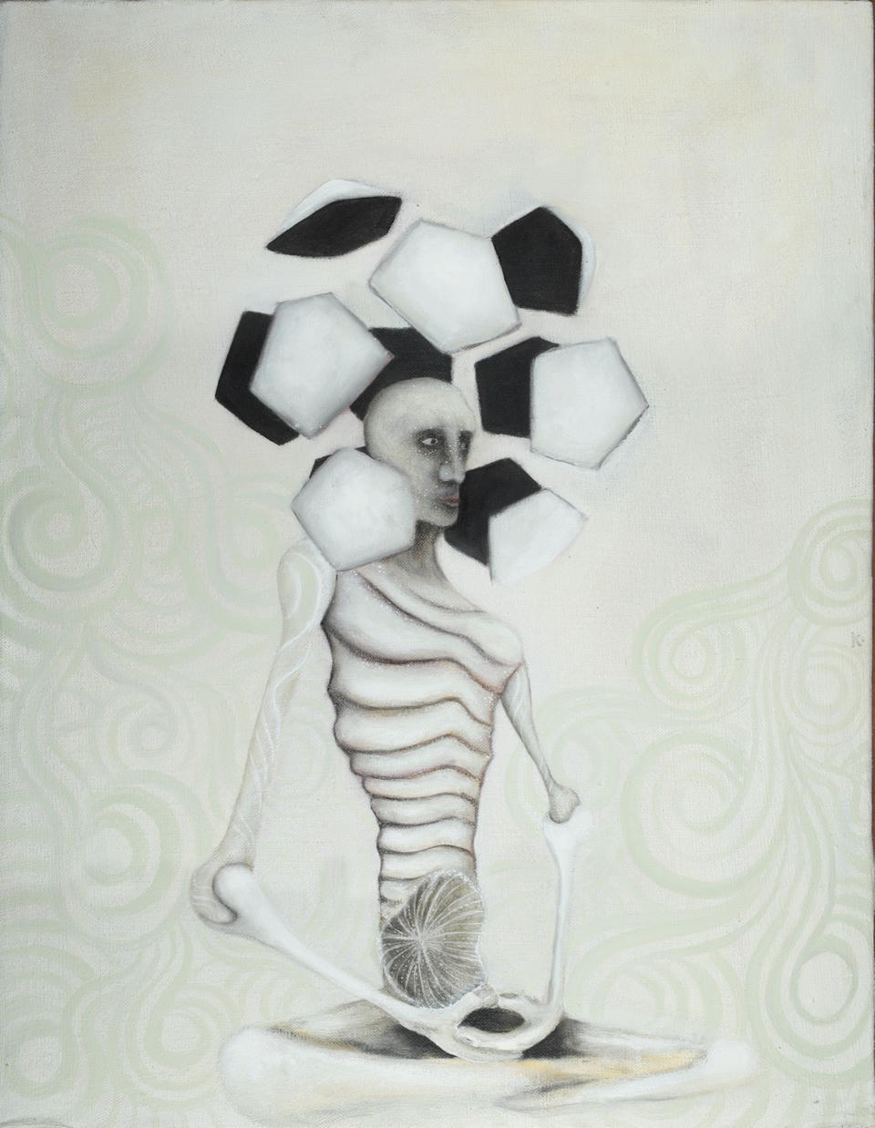 Oil painting of a seated Buddha-like figure with a ribbed torso, surrounded by floating black and white pentagonal faces forming a dodecahedron halo, set against a pale green background with subtle spiral patterns.