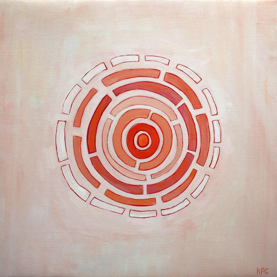 Oil painting of a spiral form composed of segmented concentric arcs in coral, salmon, and rose tones with white gaps between the segments, centered on a pale cream background, resembling a Fibonacci-like geometric pattern.