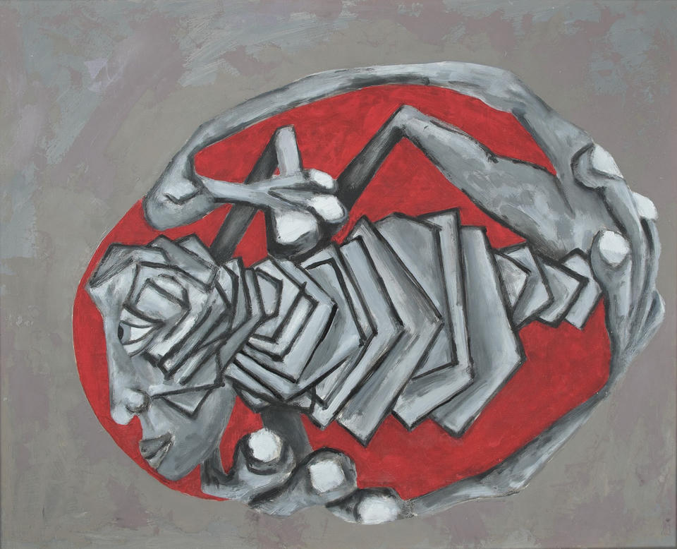 Oil painting of a curled gray cubist figure enclosed within a red egg-shaped oval, with angular geometric limbs and a faceted head, set against a muted gray background.