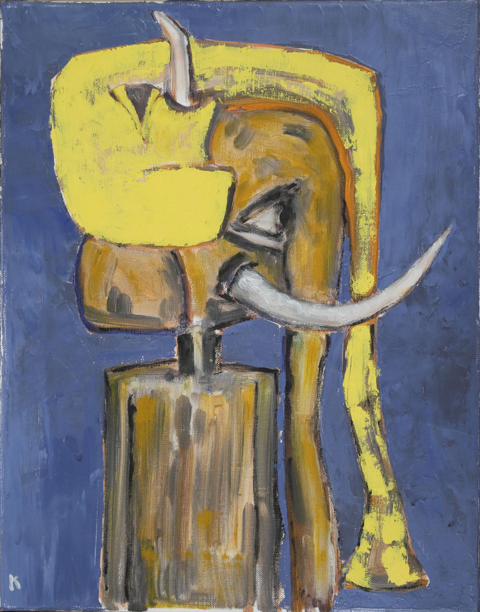 Oil painting of a stylized elephant rendered in bold yellow and ochre tones with a curved white tusk, set against a muted blue-violet background.