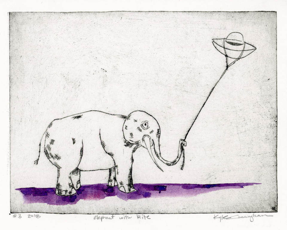 Hand-colored variant of the elephant and kite print with rich purple and violet watercolor washes along the ground, the elephant rendered in black drypoint linework flying its saucer-shaped kite on a string.