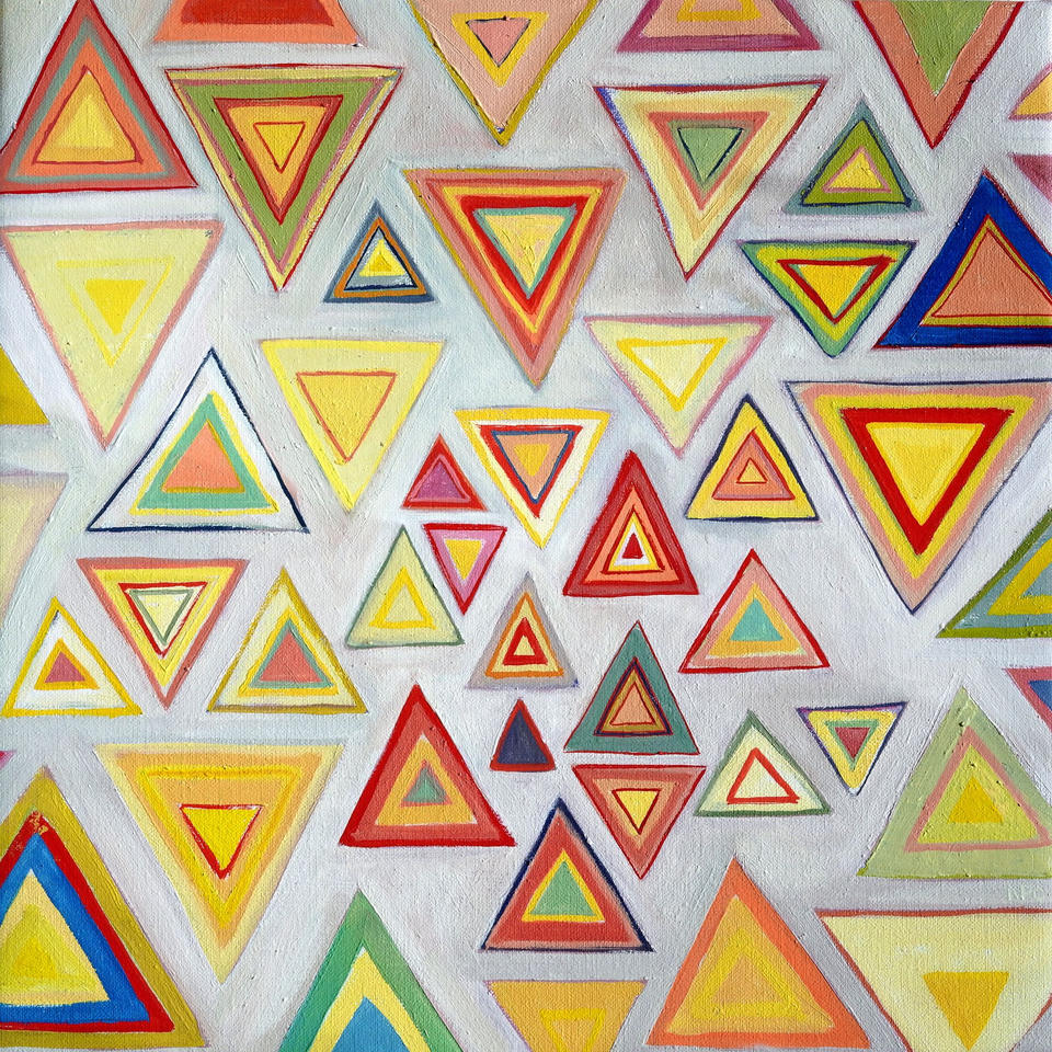 Oil painting of dozens of concentric nested triangles in vibrant yellows, reds, pinks, greens, blues, and oranges scattered across a white background in varying sizes and orientations.