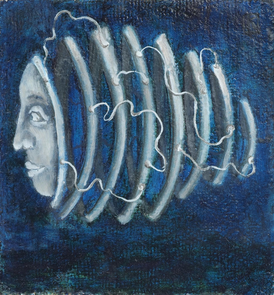 Oil painting on handwoven linen of a pale face in profile emerging from the left, with concentric light blue spiral ridges radiating outward against a deep blue background, creating a coiled spring-like form.