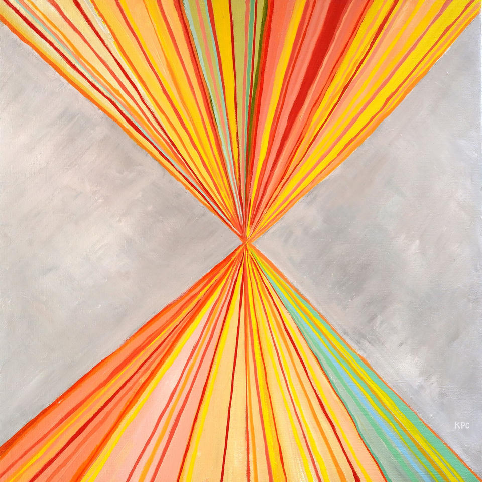 Oil painting of radiating lines in warm reds, oranges, yellows, and touches of teal converging at a central point to form an hourglass or bowtie shape against a soft gray background.