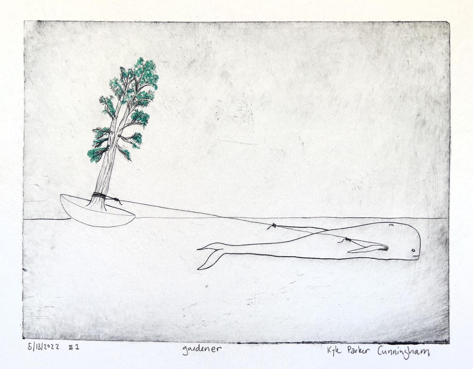 Intaglio print on white paper depicting a whale lying along a horizon line, tethered by ropes to a leafy green tree growing from a small boat at left.