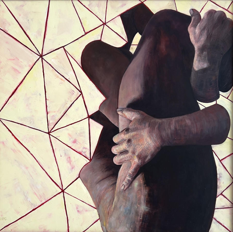 Oil painting of two embracing figures rendered in dark, warm skin tones, their bodies intertwined against a pale yellow background overlaid with angular red geometric lines.