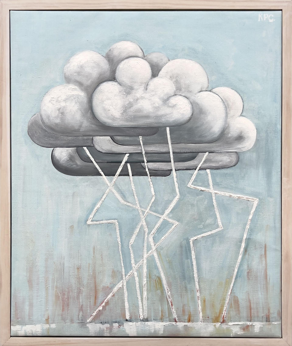 Framed oil painting on linen of a single large stylized cloud with multiple angular lightning bolts descending from it, painted in soft grays and whites against a pale blue background with faint earth-toned drips below.