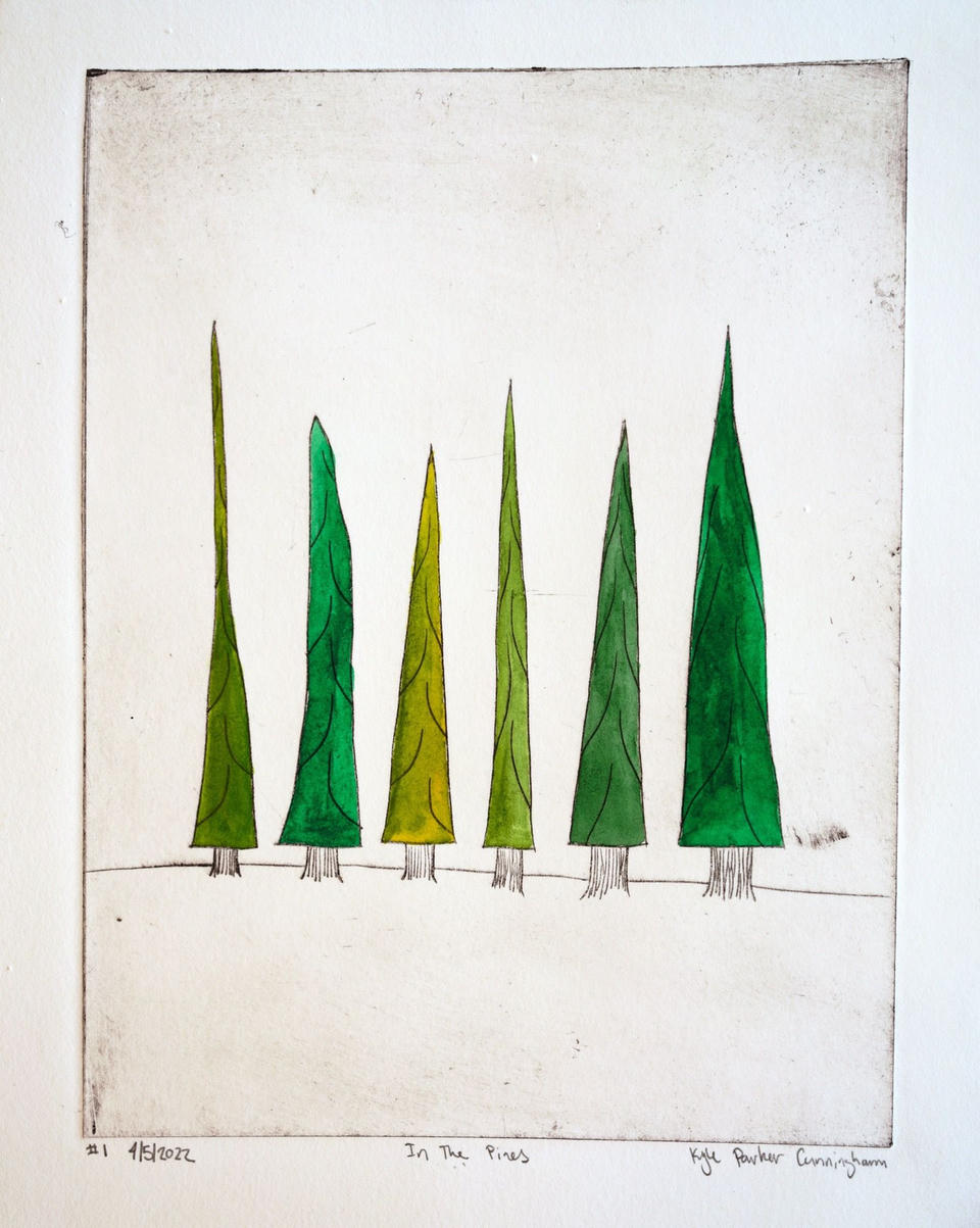 Hand-colored intaglio print of six tall, narrow pine trees in a row along a horizon line, each filled with varying shades of green and olive watercolor, set against a cream-white background.