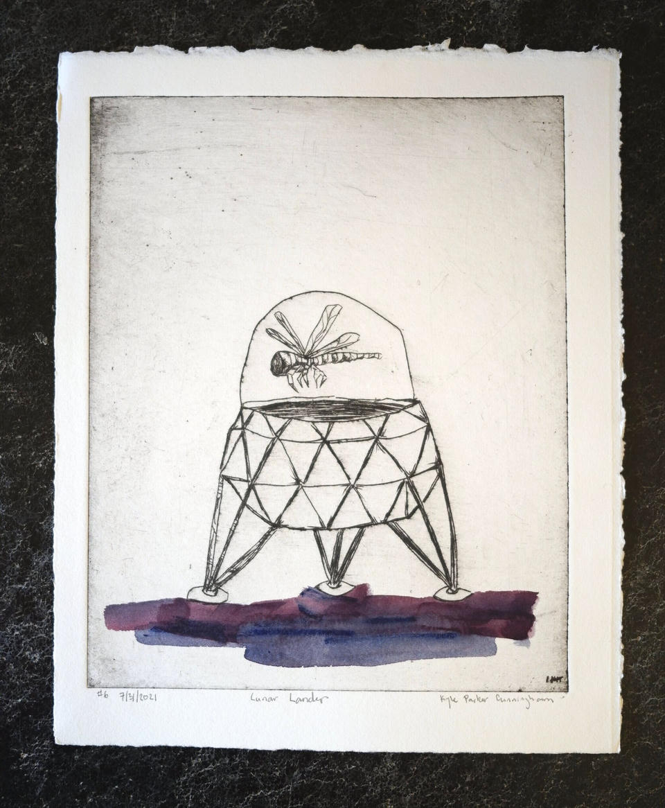 Drypoint intaglio print of a geometric lunar lander module with a dragonfly resting on its dome, standing on four legs above a purple and maroon watercolor ground, on handtorn cream paper.