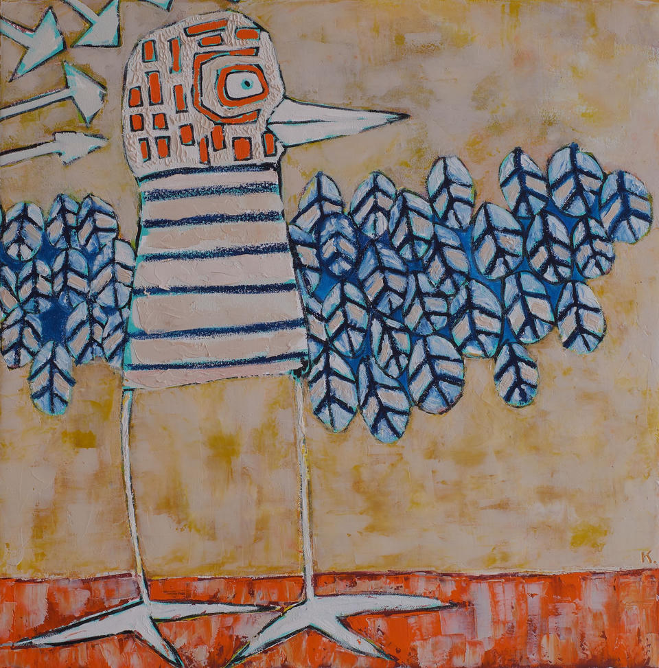 Oil painting of a stylized bird with a geometric patterned head in orange and cream, blue leaf-shaped feathers for wings and tail, standing on long thin legs against a golden-tan background with a red-orange ground line.