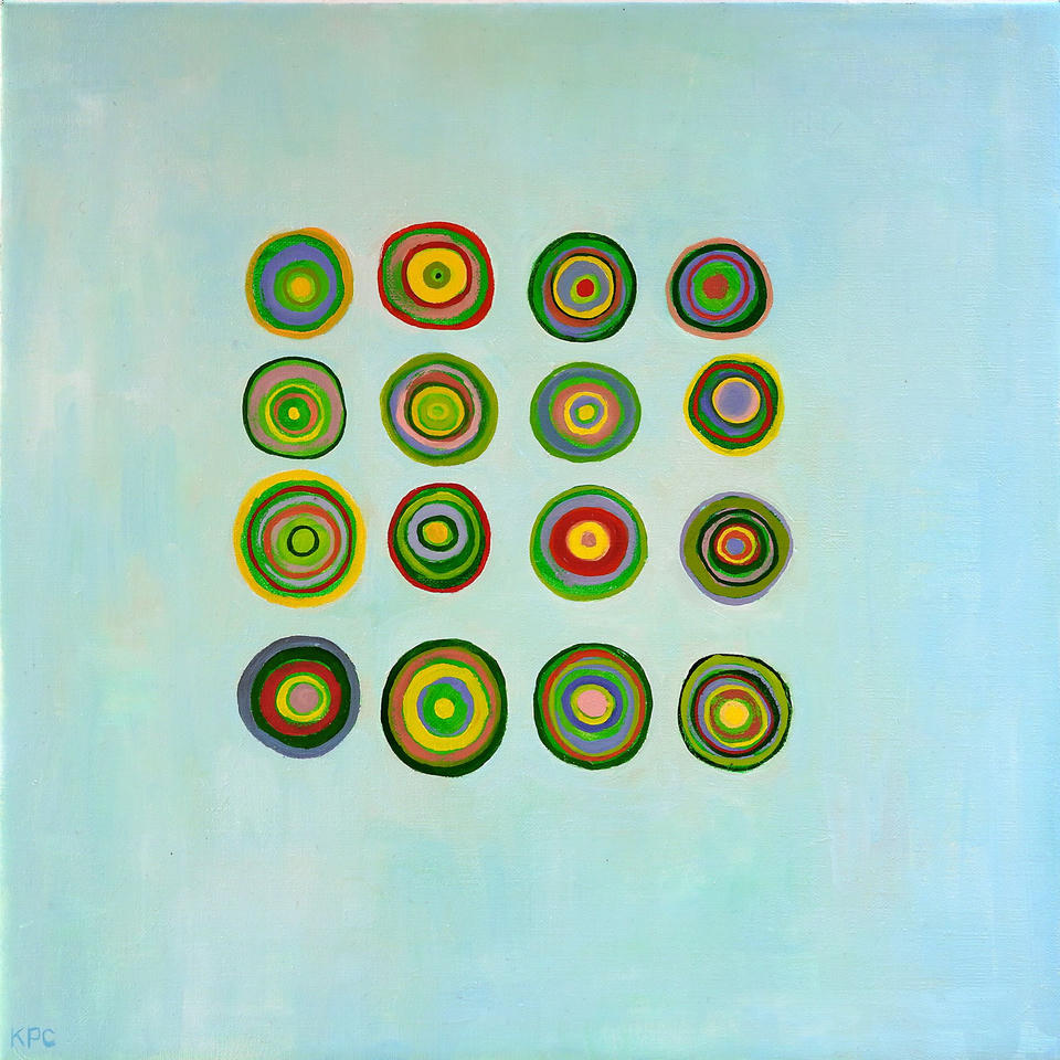 Oil painting of sixteen small concentric circle forms arranged in a four-by-four grid on a soft aqua-blue background, each rendered in varied combinations of green, red, yellow, pink, and purple rings suggesting microscopic pollen or cellular organisms.