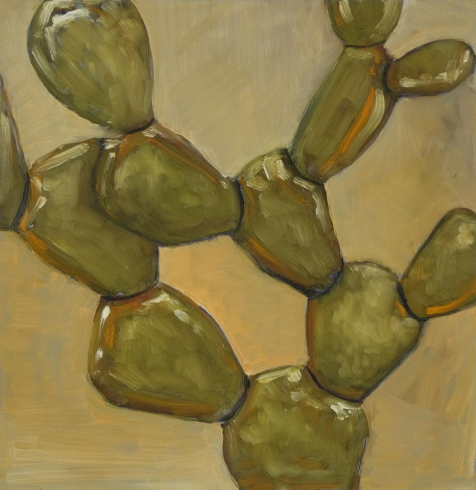Oil painting of a close-up prickly pear cactus with thick green pads branching outward, painted in olive and sage green tones against a warm tan background.