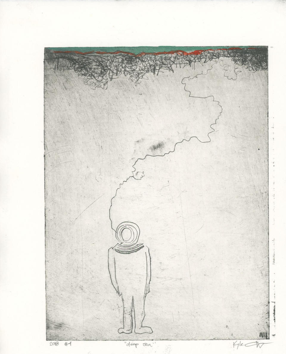 Drypoint intaglio print hand-colored with watercolor, depicting a small deep-sea diver standing at the bottom with a round helmet, looking up at a tangled mass of seaweed or coral along the top edge painted in teal green and red-orange.