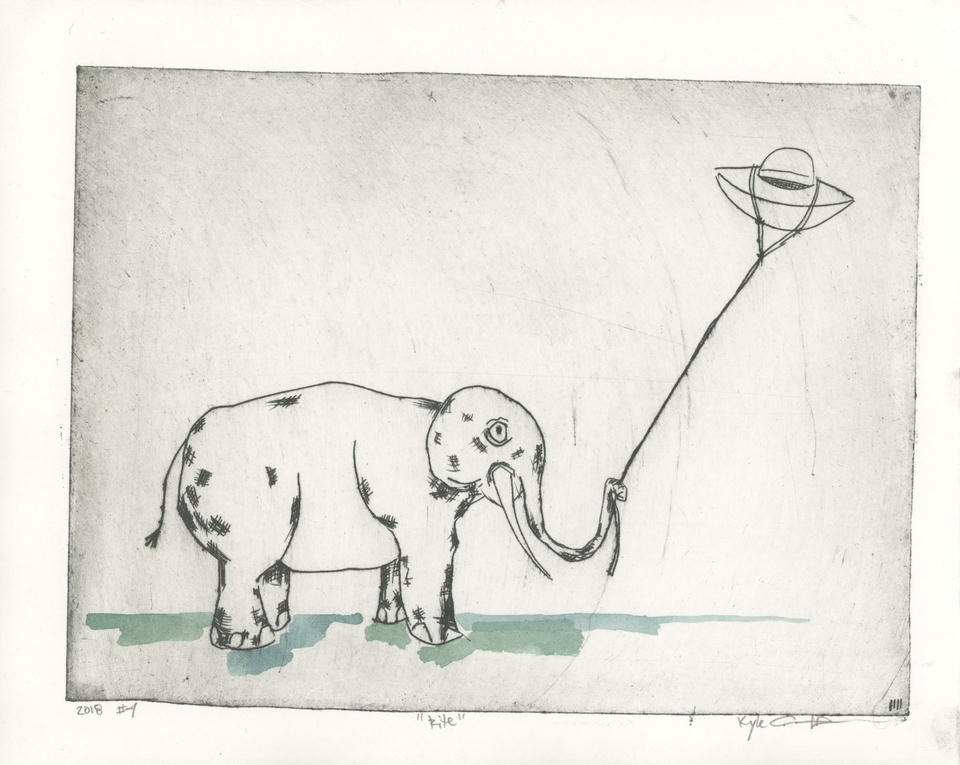 Hand-colored variant of the elephant and kite print, with soft green and teal watercolor washes along the ground beneath the elephant's feet and an uncolored saucer kite above.