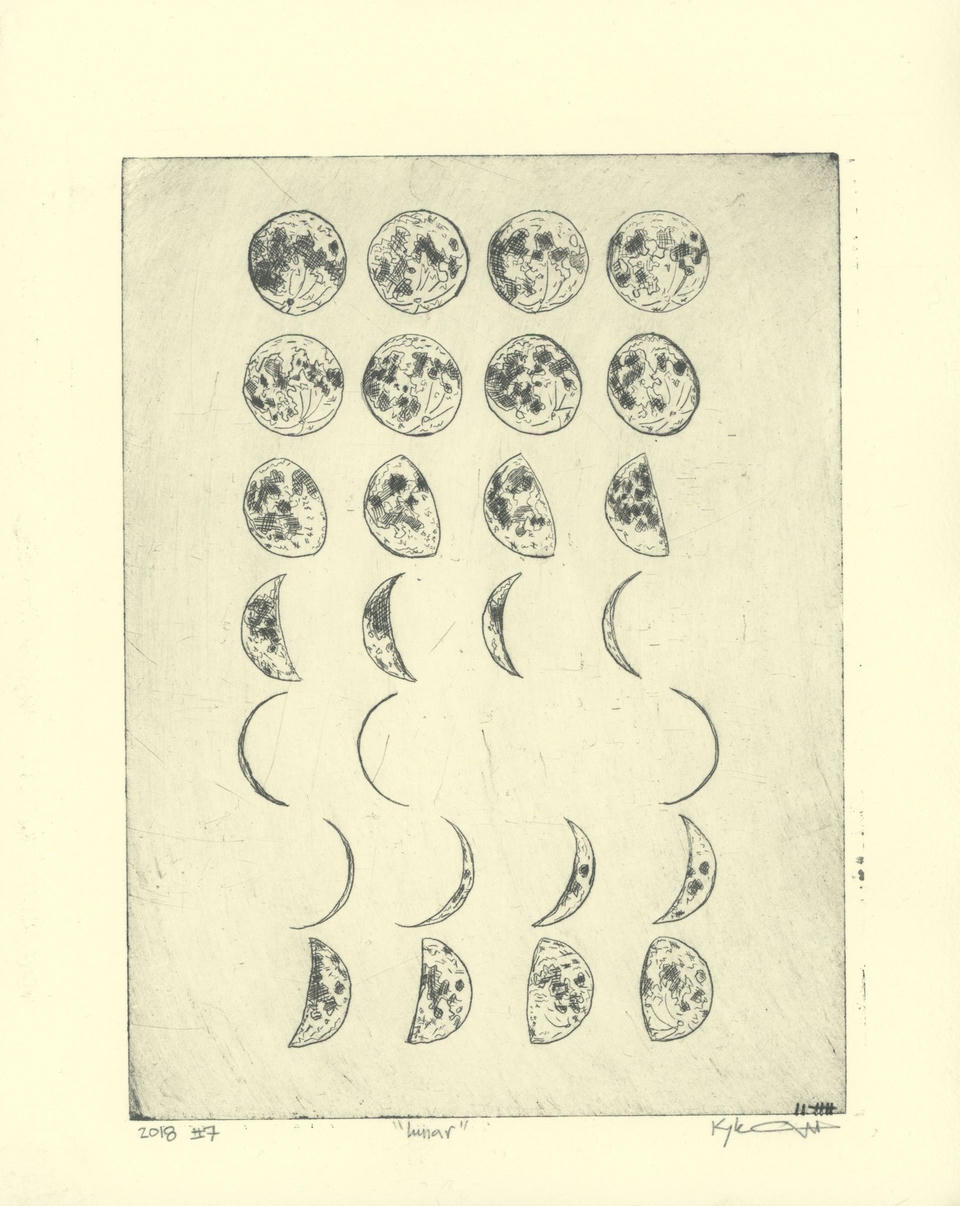 Drypoint intaglio print depicting rows of moon phases, from full moons with crosshatched craters at the top through waning crescents to thin slivers and back, arranged in a grid on cream paper in black ink.