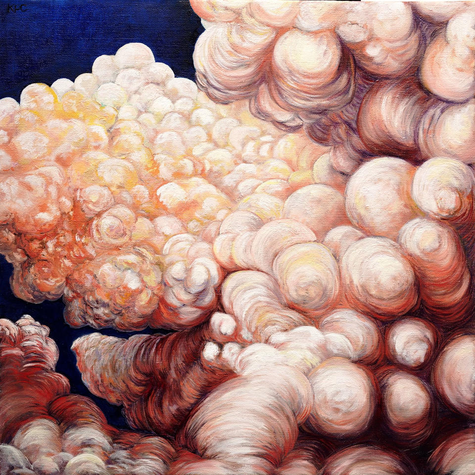 Oil painting of massive billowing cumulus clouds rendered in soft pinks, peach, and white with warm golden highlights, filling the canvas against a deep navy blue sky.