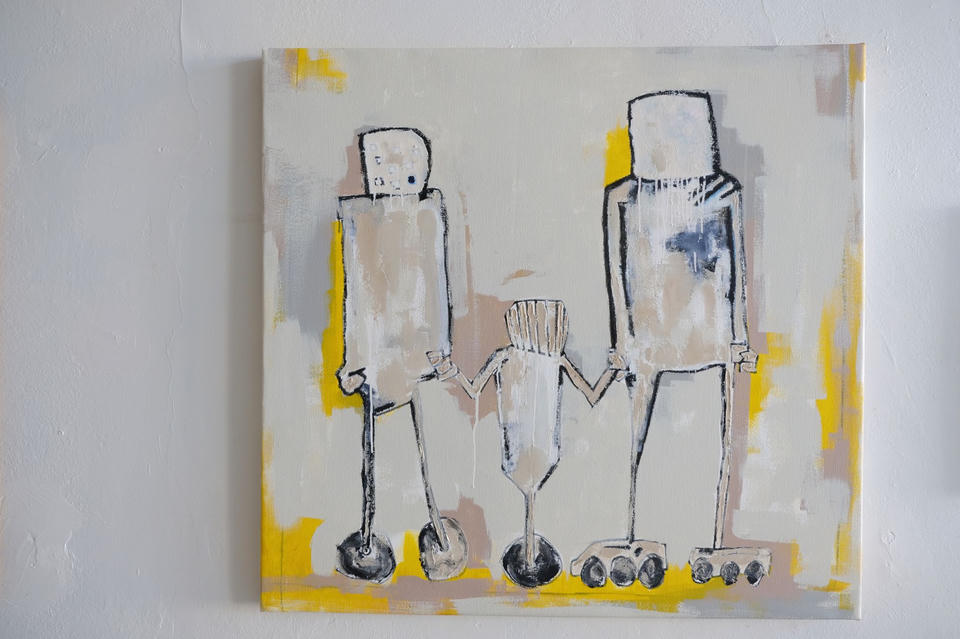 Oil painting of two boxy adult robots holding hands with a small child robot between them, rendered in white, gray, and black on a beige canvas with yellow accents.