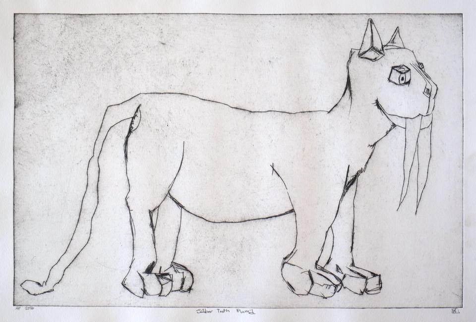 Black and white intaglio print of a large puma standing in profile facing right, with elongated saber-tooth fangs, angular pointed ears, and blocky paws, rendered in loose expressive line work on a lightly toned ground.