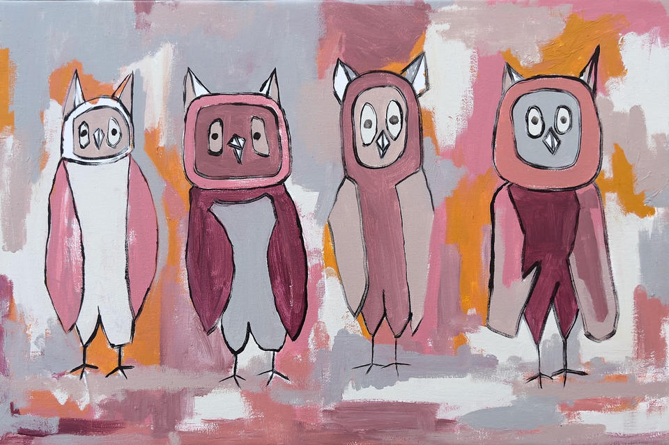 Acrylic painting of four stylized owls standing in a row, each with distinct square or round faces and ear tufts, rendered in pinks, mauves, and grays against an expressionistic background of pink, orange, and gray brushstrokes.