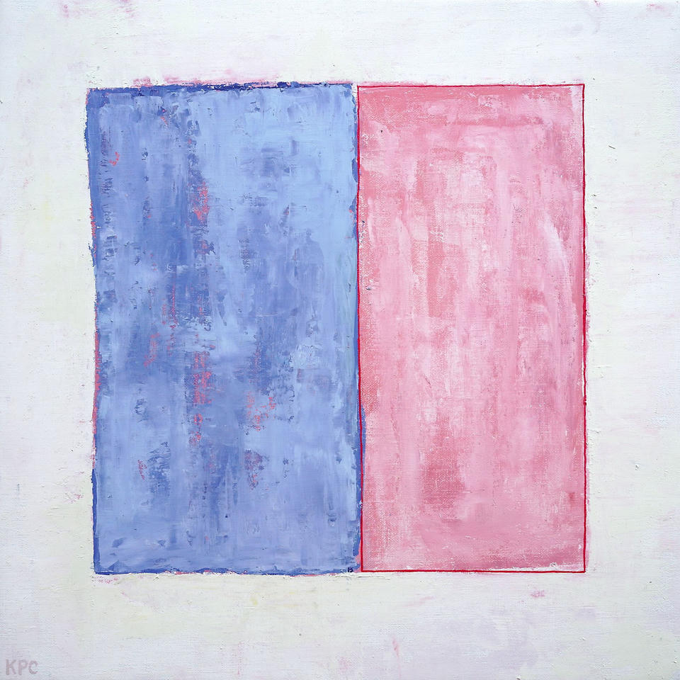 Minimalist oil painting of two tall rectangles side by side on a white canvas — one periwinkle blue and one soft pink, outlined with thin red borders, their surfaces showing subtle textured brushwork.
