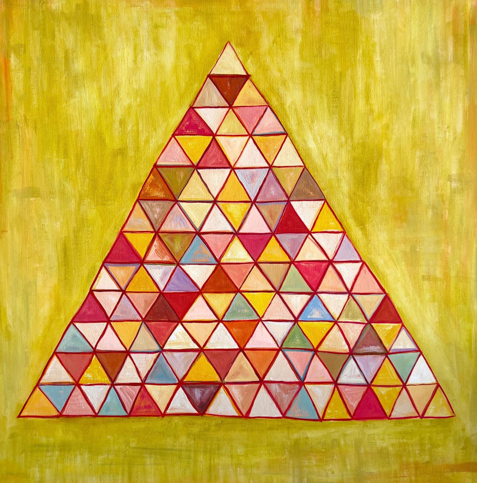 Oil on linen painting of a large triangle composed of multicolored smaller triangles in pinks, reds, oranges, yellows, and blues, centered on a warm yellow-green background.