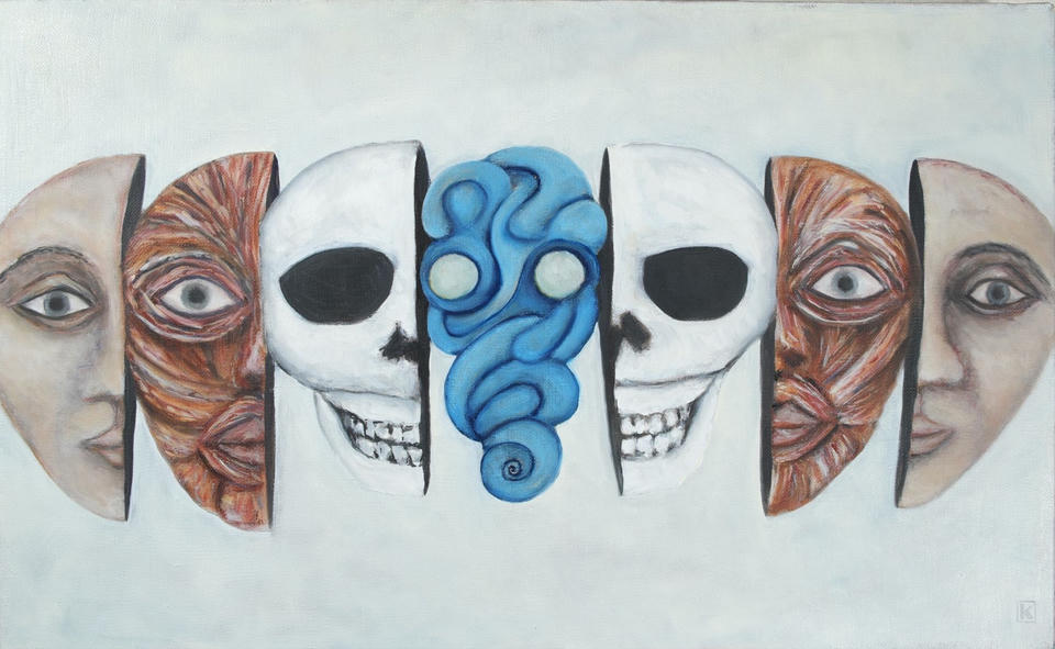 Oil painting of a symmetrical cross-section of a human head showing layered anatomical slices — outer skin, red muscle tissue, white skull, and a blue brain form at center — mirrored on both sides against a pale gray background.