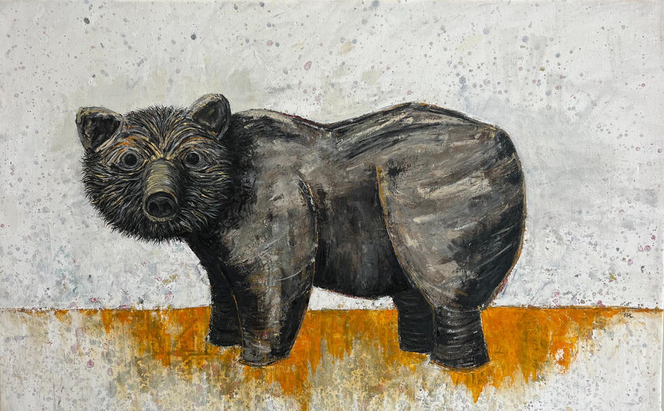 Mixed media painting of a dark brown bear facing the viewer with an intense gaze, rendered in thick expressive brushstrokes of oil, oil stick, acrylic, and latex on canvas, standing on orange-ochre ground against a speckled white background.