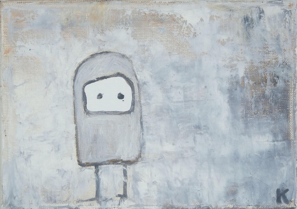 Small oil painting on gesso panel of a simple rounded figure with two dark eyes and short legs, rendered in pale gray and white against a textured gray-white background.