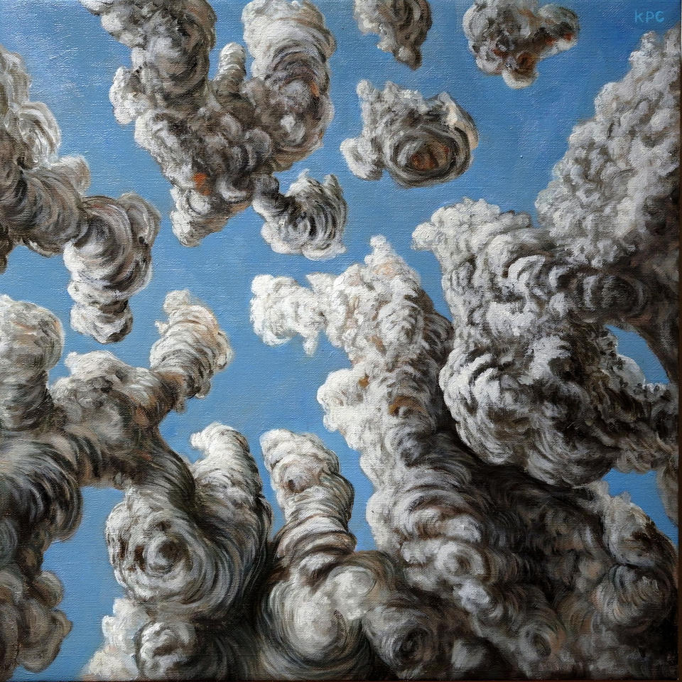 Oil painting depicting a dramatic upward perspective of towering cumulus clouds rendered in thick, sculptural white and gray brushstrokes against a vivid blue sky, with massive cloud columns rising from the bottom of the canvas.