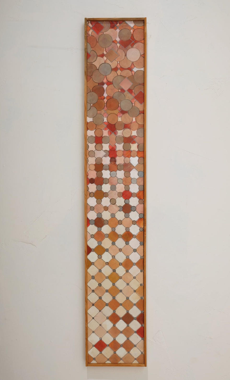 Tall narrow oil on gesso panel painting with overlapping circles and diamond shapes in warm earth tones of coral, orange, rust, cream, and brown, transitioning from dense clustered forms at top to an open grid pattern below.