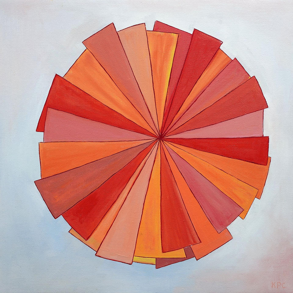 Oil painting of a circle composed of triangular wedges radiating from a central point in warm tones of red, orange, pink, peach, and coral against a pale blue-white background.