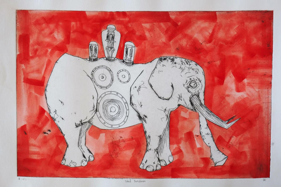 Intaglio print of a mechanical elephant in profile with vacuum tubes protruding from its back and concentric circular speaker-like elements on its side, set against a vivid hand-painted red watercolor background.