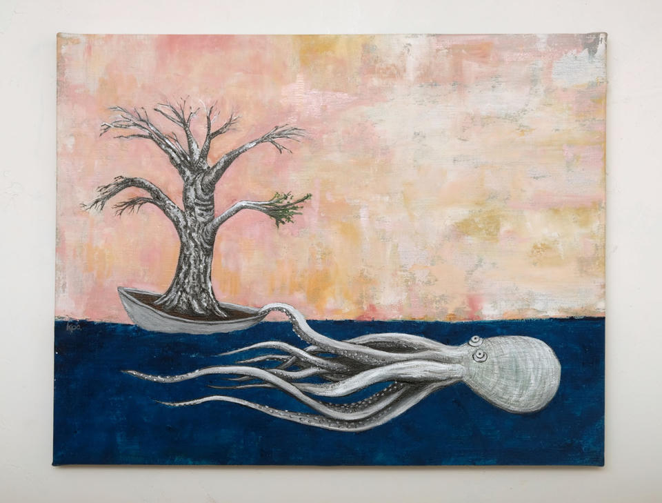 Oil on linen painting of a silver-gray octopus swimming in deep blue water, pulling a small coracle boat carrying a gnarled juniper tree with sparse green foliage, against a soft pink and peach sky.
