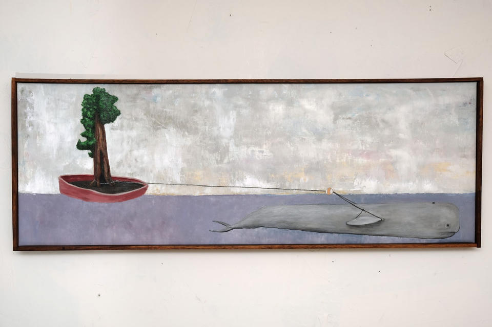 Panoramic oil on linen painting of a gray whale towing a red boat carrying a tall green sequoia tree across a lavender sea, beneath a pale gray and white sky.