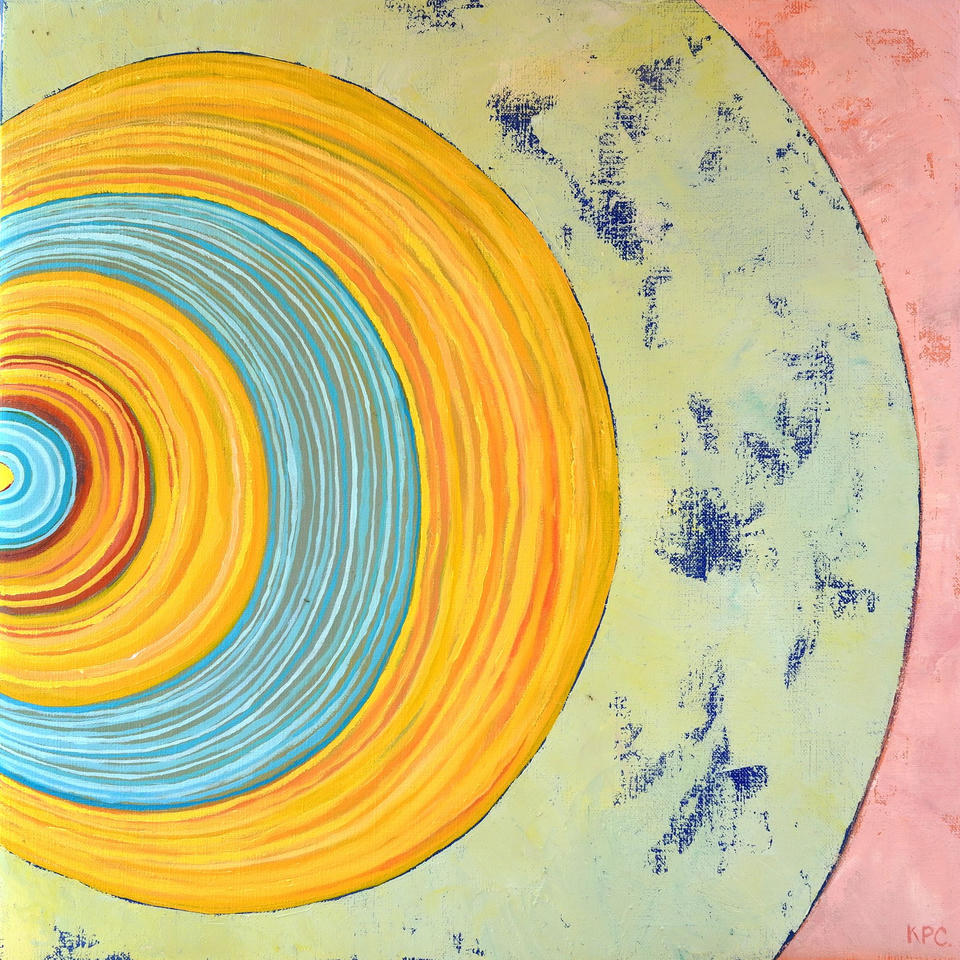 Oil painting featuring a large spiral of tightly layered concentric rings in golden yellow and sky blue dominating the left side of the canvas, set against a textured yellow-green field with blue speckled marks and a curving pink arc along the right edge.