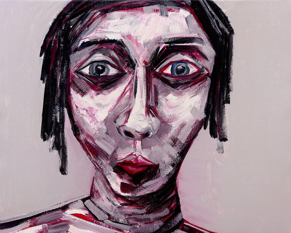 Expressionist portrait in acrylic, latex, and oil on canvas of a face with wide blue eyes, dark bobbed hair, and angular features, painted in bold strokes of deep crimson, mauve, pink, and black against a pale lavender background.