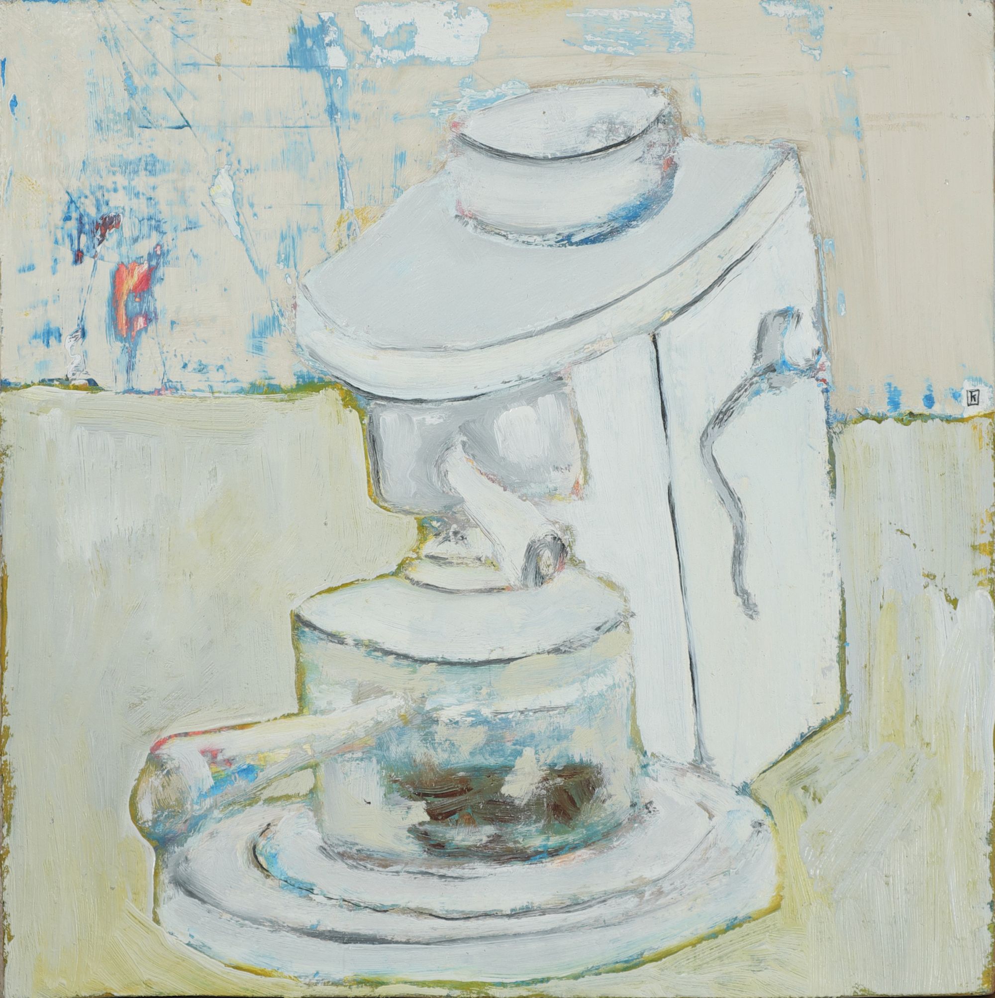 Oil painting of a white espresso machine in thick impasto brushwork against a pale cream and blue background with a portafilter and drip tray at the base.