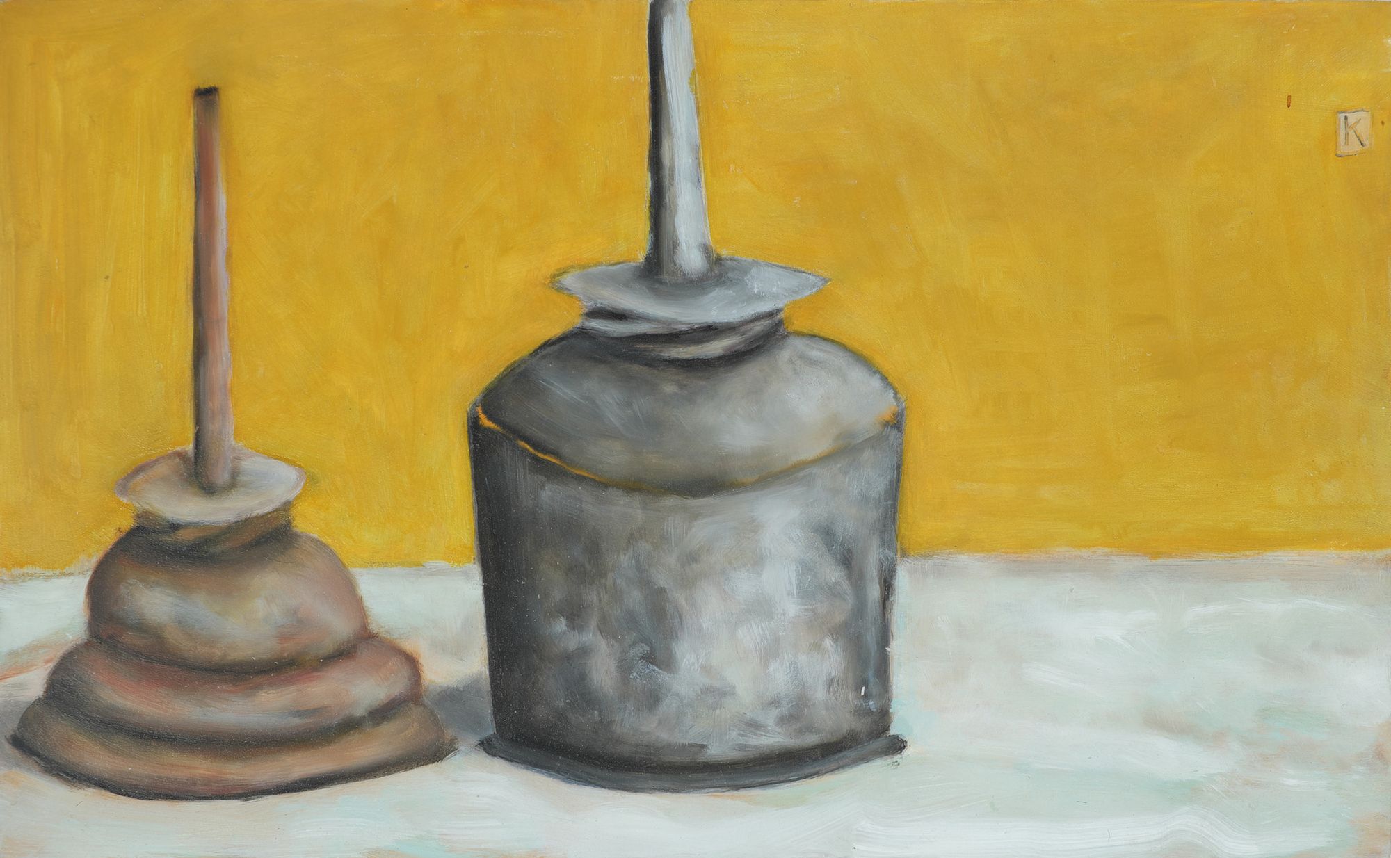 Oil painting of two vintage oil cans—one small and conical, one large and cylindrical—sitting on a white surface against a rich golden-yellow background.