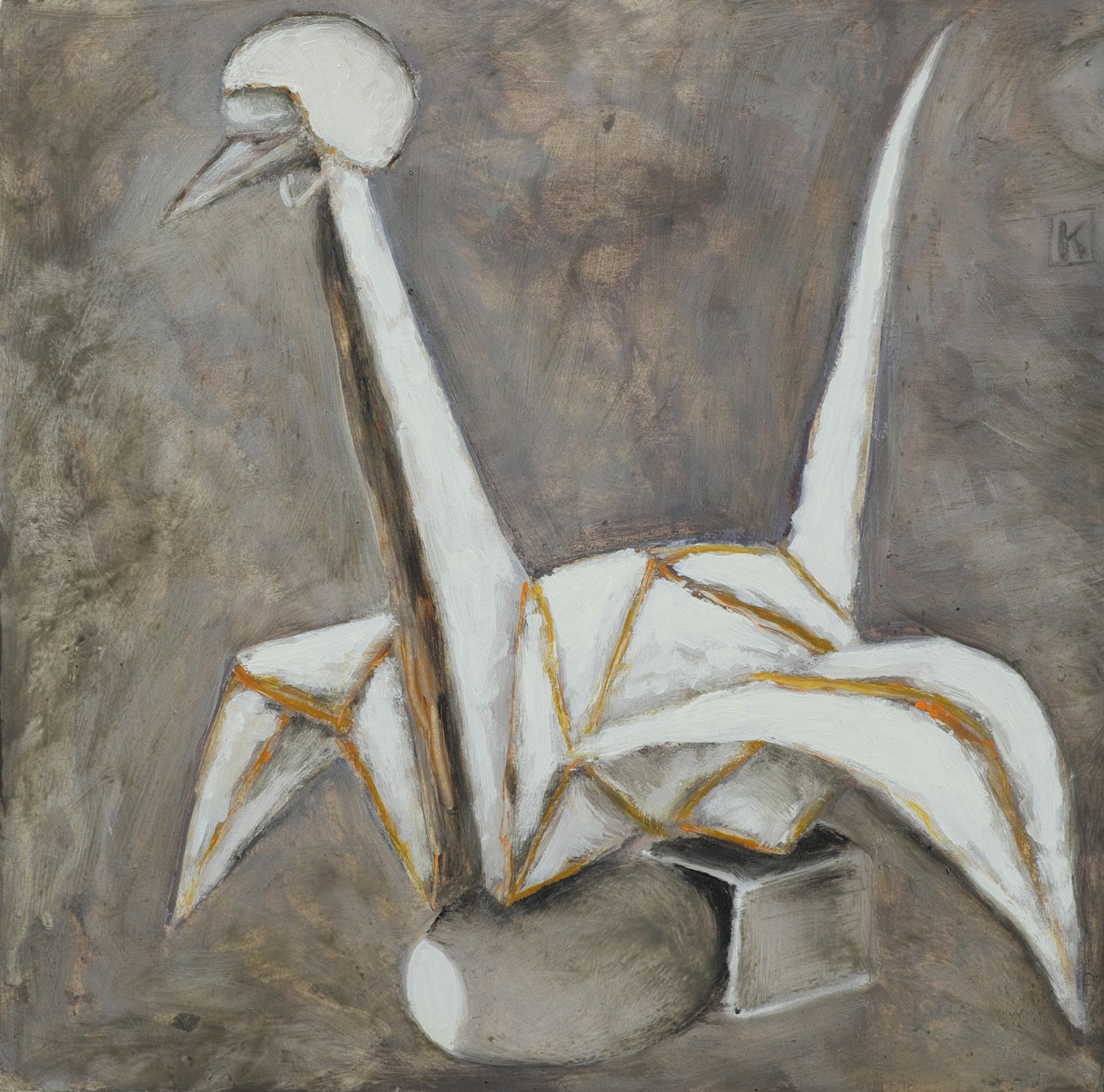 Oil painting of a white origami paper crane with orange fold lines perched on a rounded stone against a warm gray-brown background.