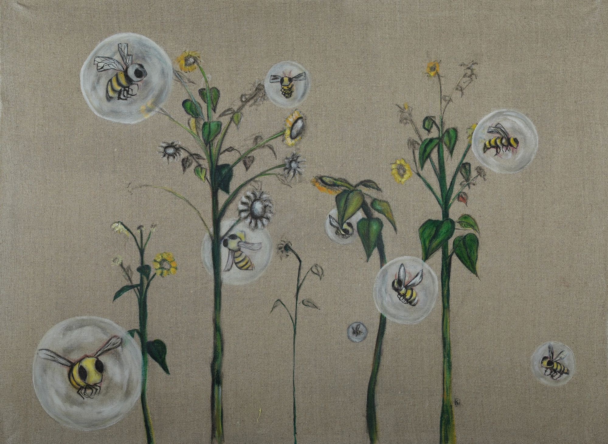 Oil painting on raw linen of honeybees enclosed in translucent bubbles floating among tall green flower stems with small yellow blooms.