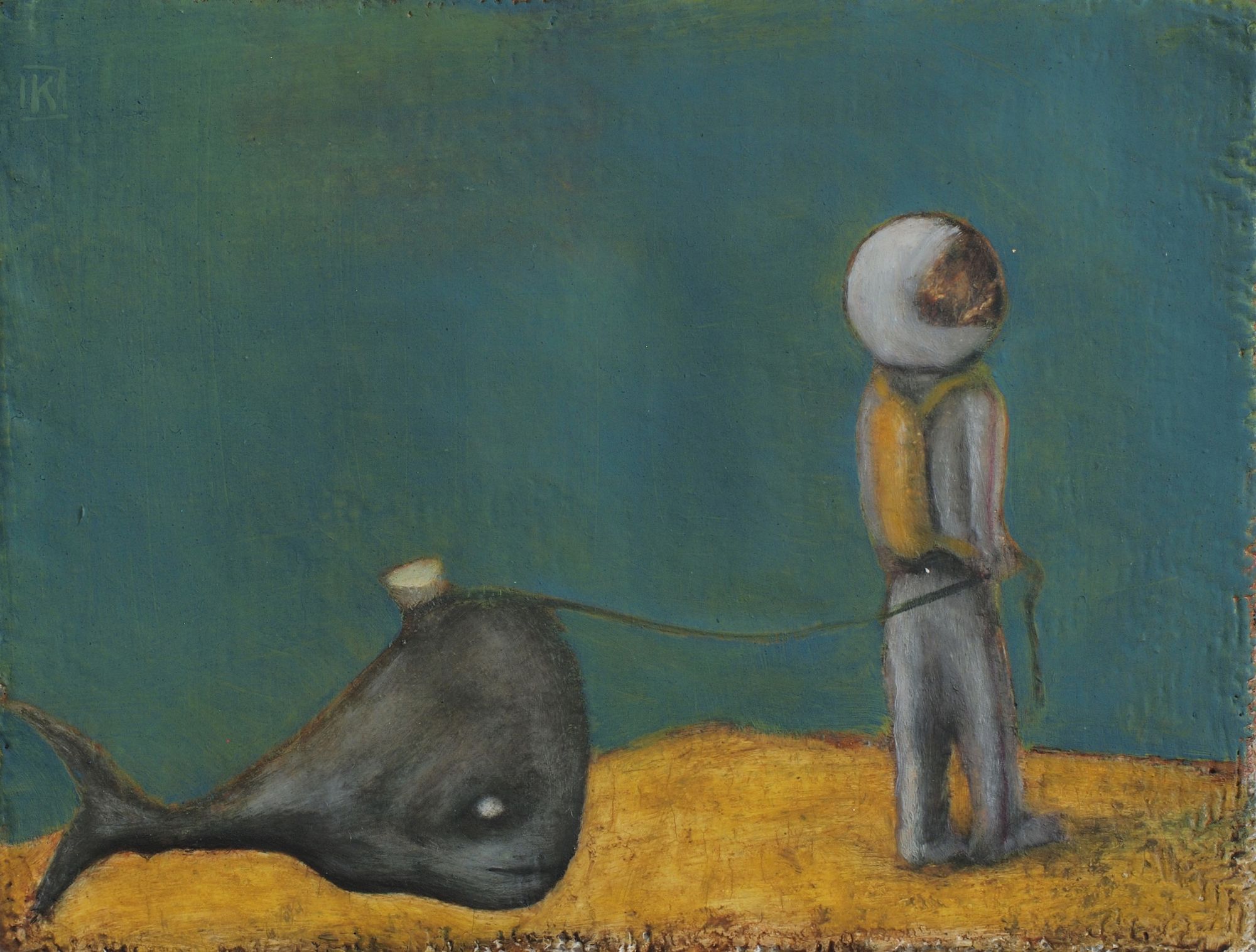 Oil painting of a helmeted figure in a yellow vest standing on golden ground holding a leash attached to a dark whale, set against a deep teal sky.