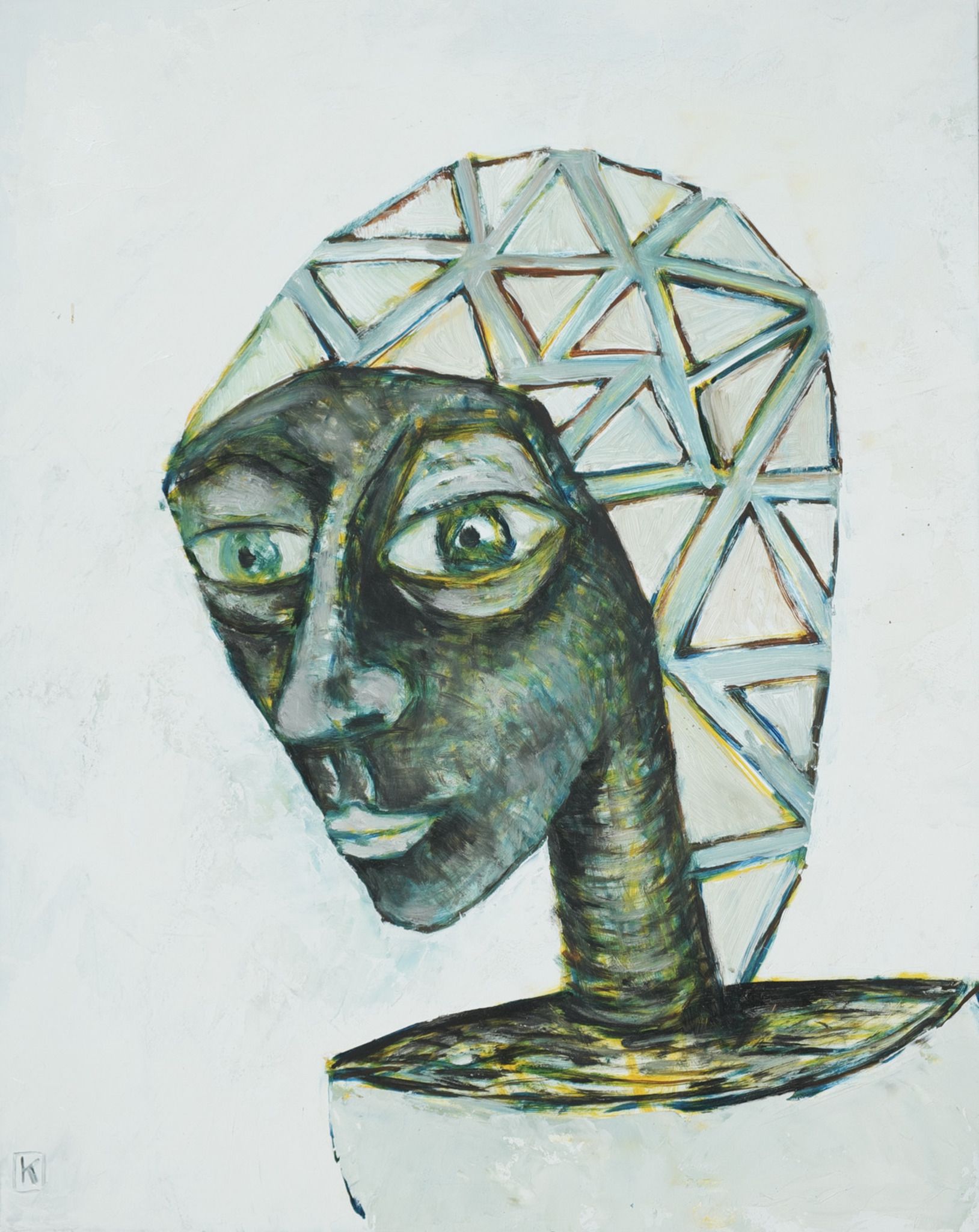 Oil painting of a dark blue-green stylized face in three-quarter view with a geometric triangular patterned headdress against a pale mint background.