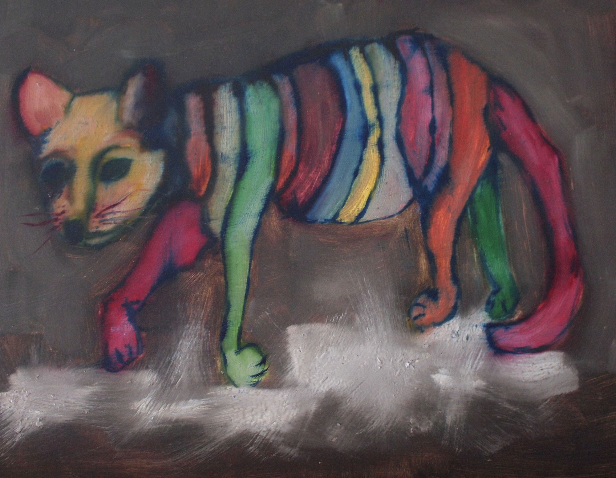 Oil painting of a rainbow-striped cat walking across a dark brown background, its body rendered in bold vertical stripes of green, blue, pink, red, and yellow.